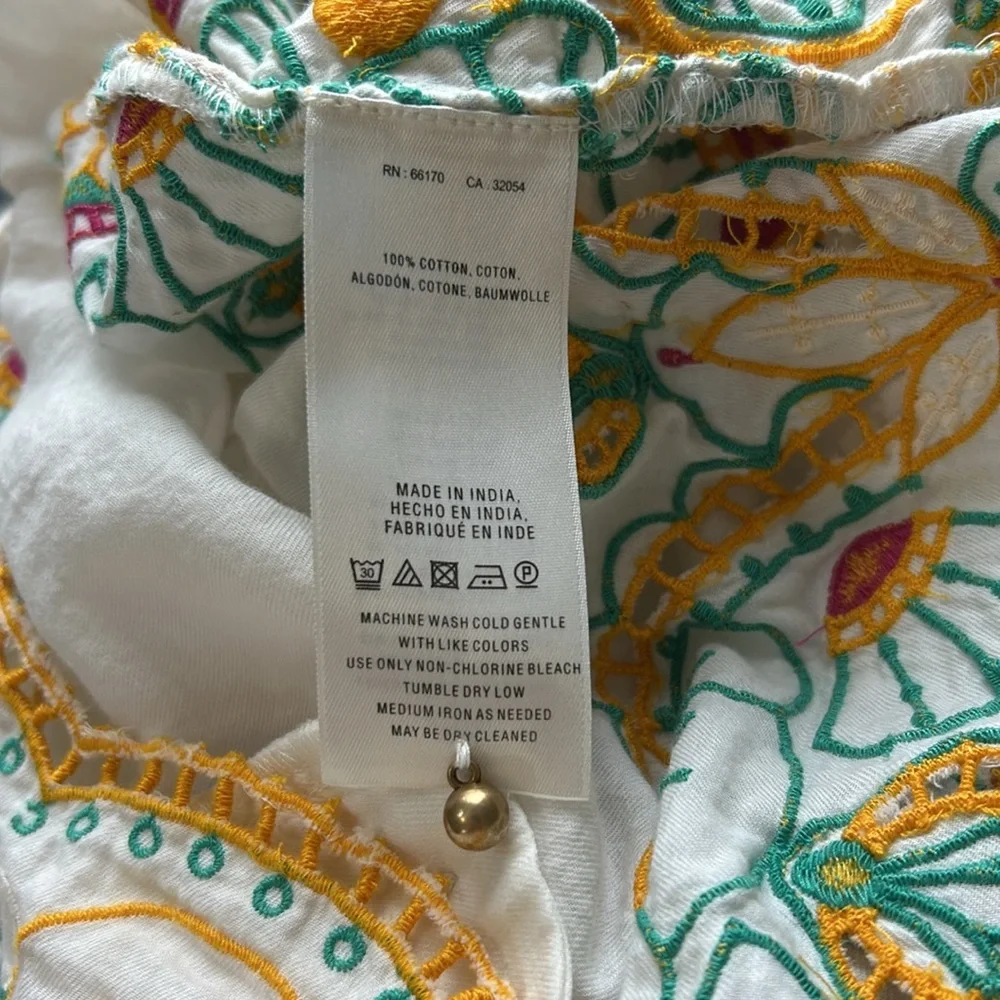 Anthropologie White Embroidered Tunic with Teal & Yellow Accents - Picture 12 of 15